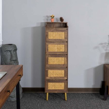 Rattan Wood Five Drawer Storage Living Room Cabinet